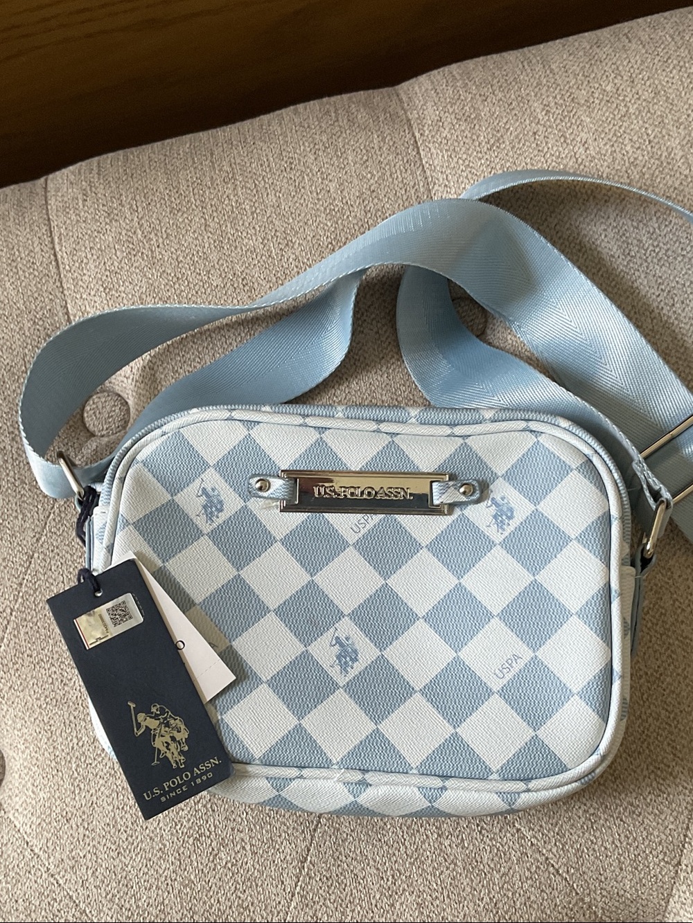 U.S. Polo Assn. Light Blue and White Checkered Canvas Golf Crossbody Bag